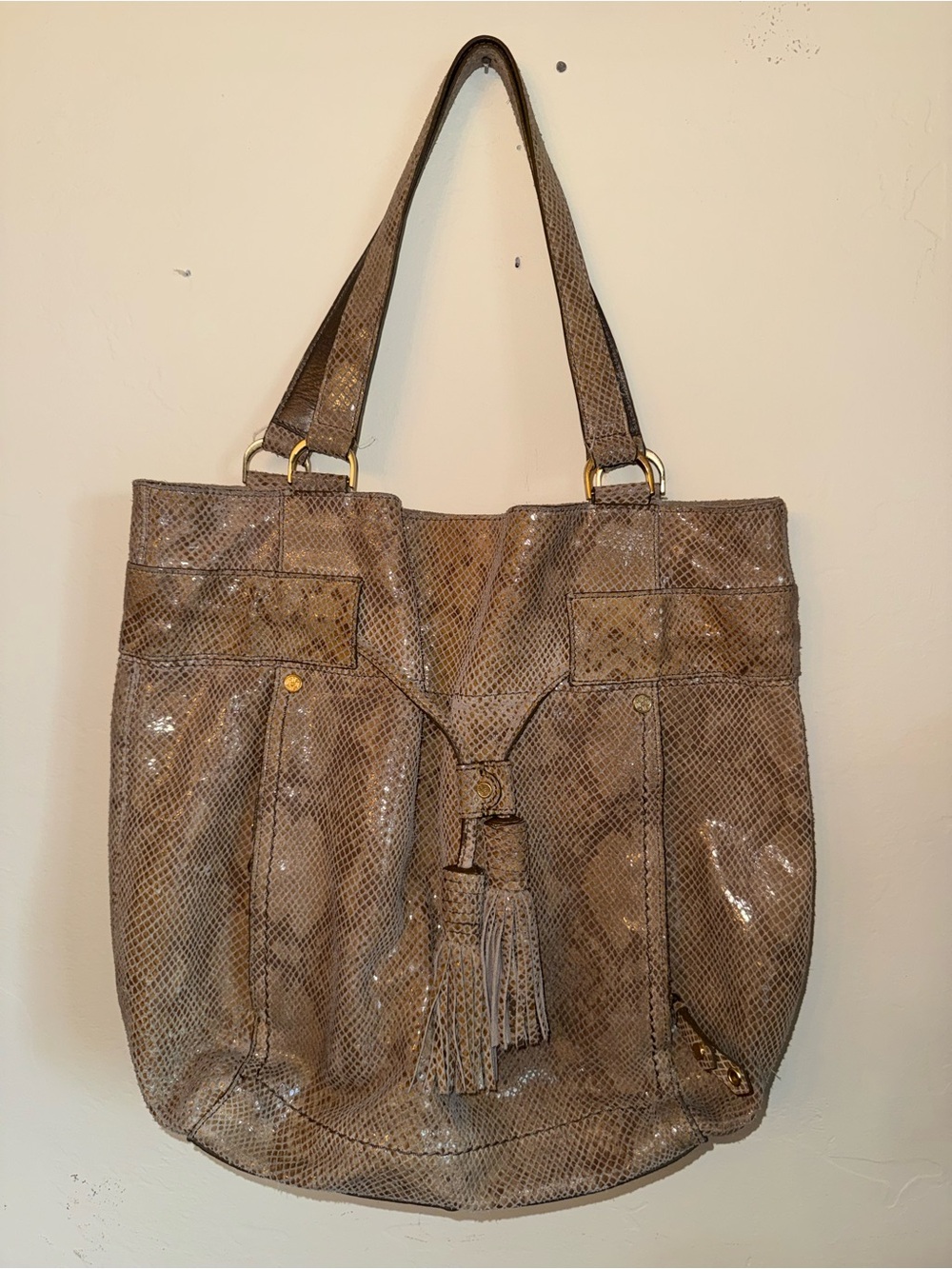 Cole Haan Snake Embossed Leather Tote Taupe Gray Gold Hardware Tassel Shoulder